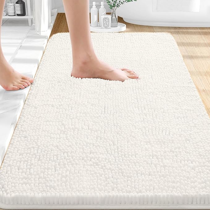 OLANLY Bathroom Rugs 35x24, Extra Soft Absorbent Chenille Bath Rugs | Ivory, Quick-Drying Rubber Backing, Machine Washable Bath Mat for Bathroom Floor, Tub and Shower, Home Decor Accessories