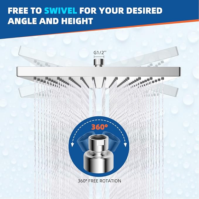 Hibbent cUPC Certified Metal High Pressure 12'' Rain Shower Head, Chrome | Thickness Showerhead, Square Large Bathroom Rainfall Shower Head, Adjustable Brass Ball Joint, Waterfall Full Body Coverage