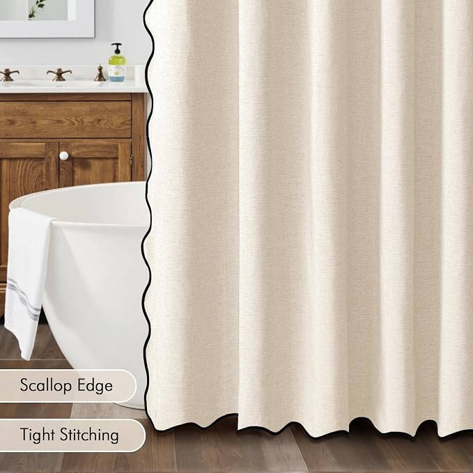 MIULEE 72"x84" Extra Long Scalloped Linen Shower Curtain Cream White | Linen Textured, Waterproof, Washable, 12 Metal Hooks, Heavy Duty Cloth, Black Border, Shower Curtain for Bathroom Bathtub