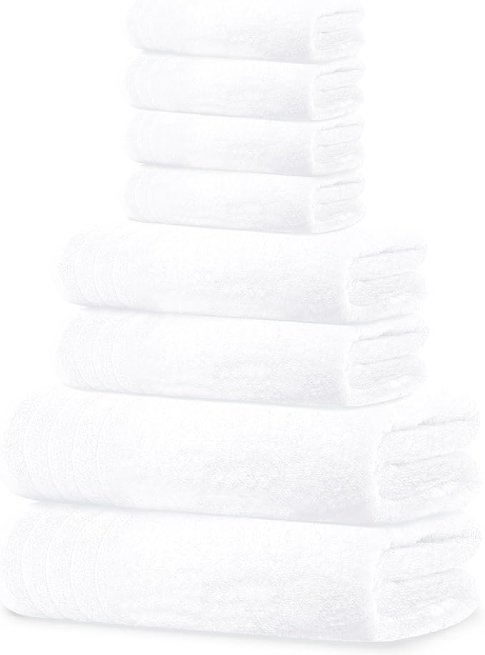 8 Piece Towel Set, 2 XL Bath, 2 Hand, 4 Washcloth, White | 100% Cotton, Lighter Weight, Quicker to Dry, Super Absorbent, Perfect for Bathroom