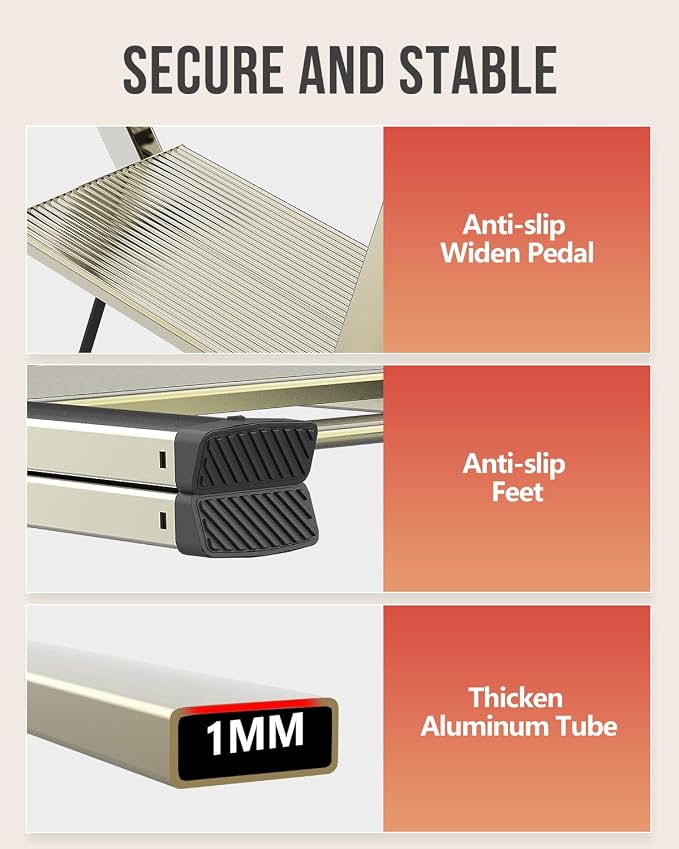 3 Step Foldable Step Stool, 300lbs Load, Gold | Folded 35''H x 2''T; Net 7.99 lbs; Non-Slip Feet: Wood/Tile/Carpet; Rigid Aluminum Steps; No Assembly; Ready From Box.