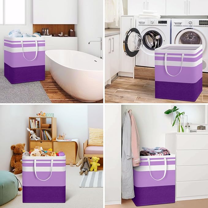 HomeHacks 2 Pack Laundry Baskets, Laundry Hampers Bags (Purple 100Lx2) | Waterproof, Freestanding, Collapsible Clothes Hamper with Reinforced Handles in Laundry Room, College Dorm, Bathroom, Bedroom