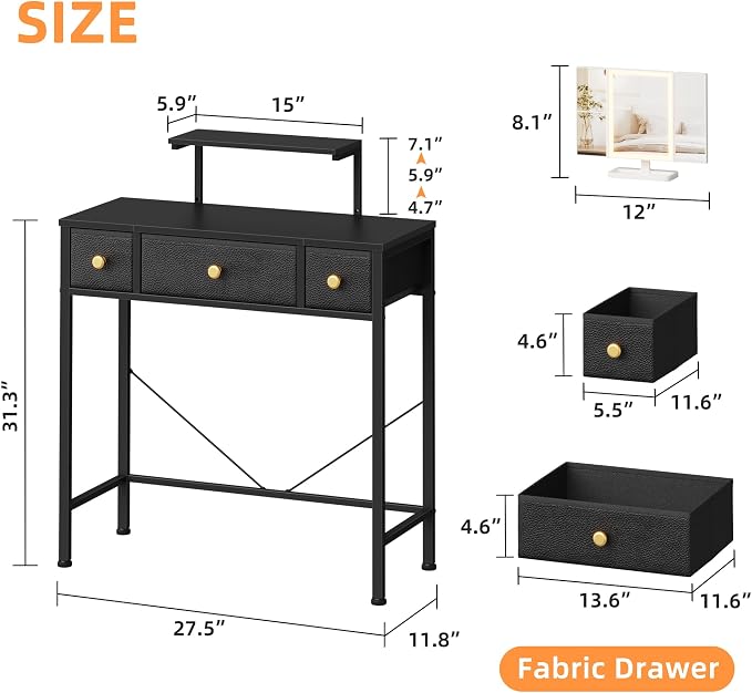 Small Makeup Vanity Desk 27.5''W with Mirror and Lights, 3 Drawers | USB Lighted Mirror, Height-Adjustable Stand, Fabric Drawers, Girls/Kids Gifts, Bedroom, Small Space, Dorm, Black