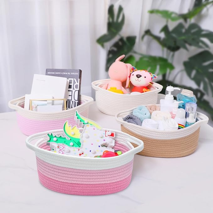 ABenkle Small Basket Empty Gift Basket, Decorative Boho Rope Woven Nursery Storage Organizer Dog Toy Baskets for Baby Showers Christmas Easter with Gift Bags and Ribbons, 12"X 8" X 5"