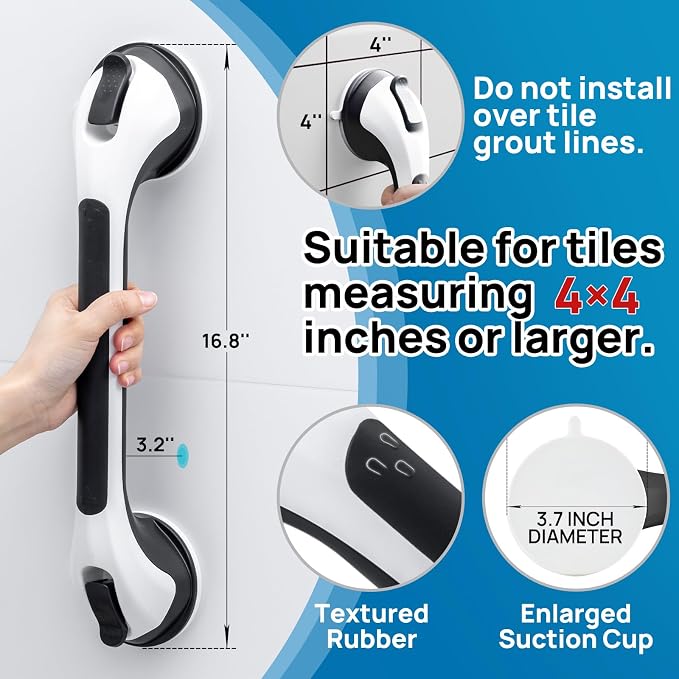 Grab Bars for Shower,Suction Shower Handles,2 Pack,16.8",Black | stable safety grip for seniors,elderly,bathtubs&toilet,heavy duty drill-free waterproof removable,handrails,easy install