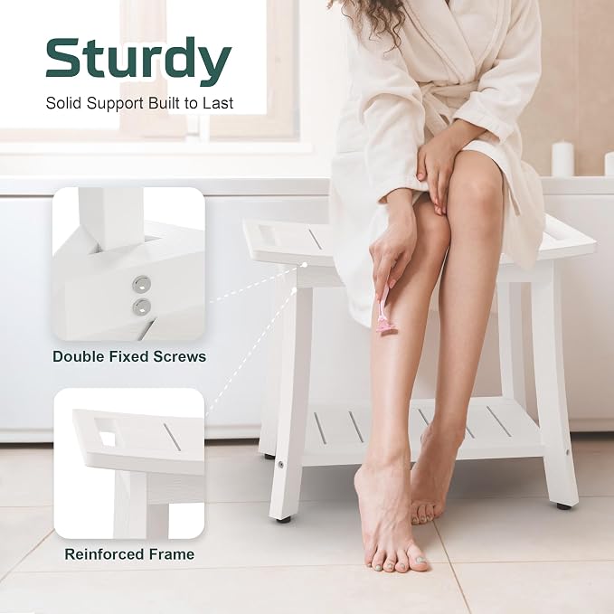 Waterproof HIPS Shower Bench for Inside Shower, Shower Stool, White | Ergonomic design, For seating and leg shaving, Wood-Look texture, Easy care, Storage shelf, Non-Slip leveling feet, 400 lb