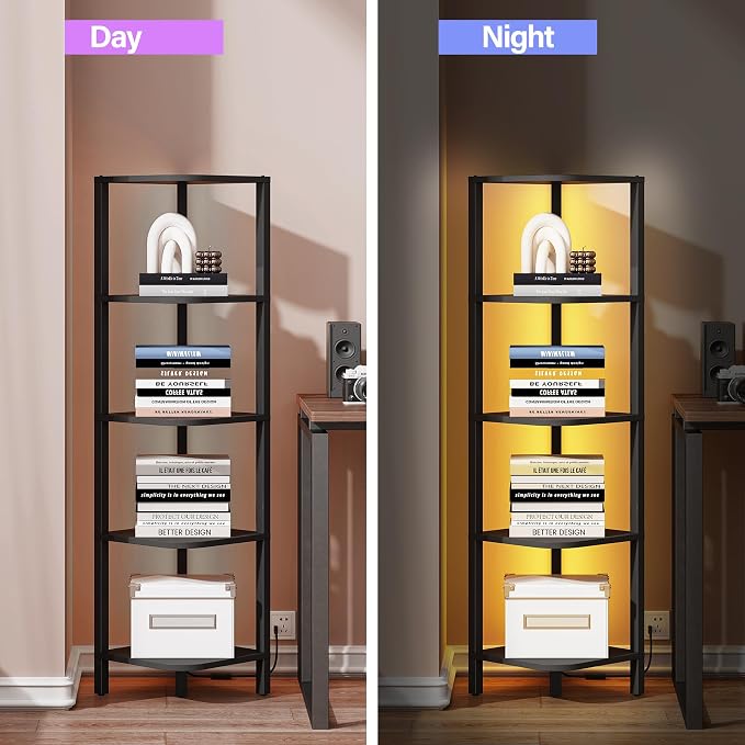 TUTOTAK Corner Shelf with LED Light, 5-Tier Corner Bookshelf | for Small Space, Narrow Display Corner Shelf Stand with Storage Rack, for Living Room, Bedroom, Black BS08BK005L