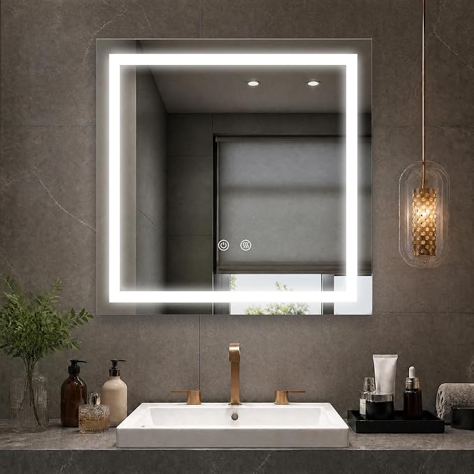 28"X28" LED Bathroom Mirror with Lights, Lighted Bathroom Vanity Mirror for Wall, 3 Colors, Dimmable, Anti-Fog, HD Tempered Glass(Front Lit)