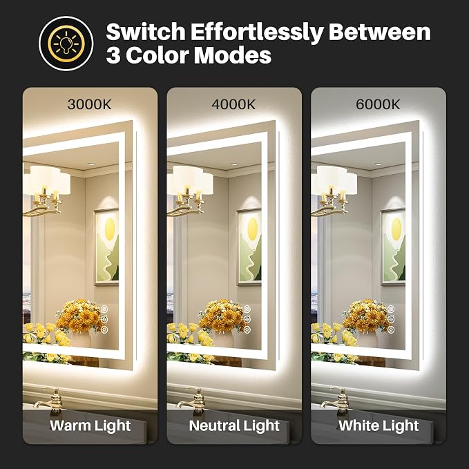 36x36 Inch Inch LED Bathroom Mirror with Lights, Front and Backlit | Anti-fog, 3 Color Dimmable, Memory Function, HD Reflection Tempered Glass, ETL Listed, IP54 Waterproof