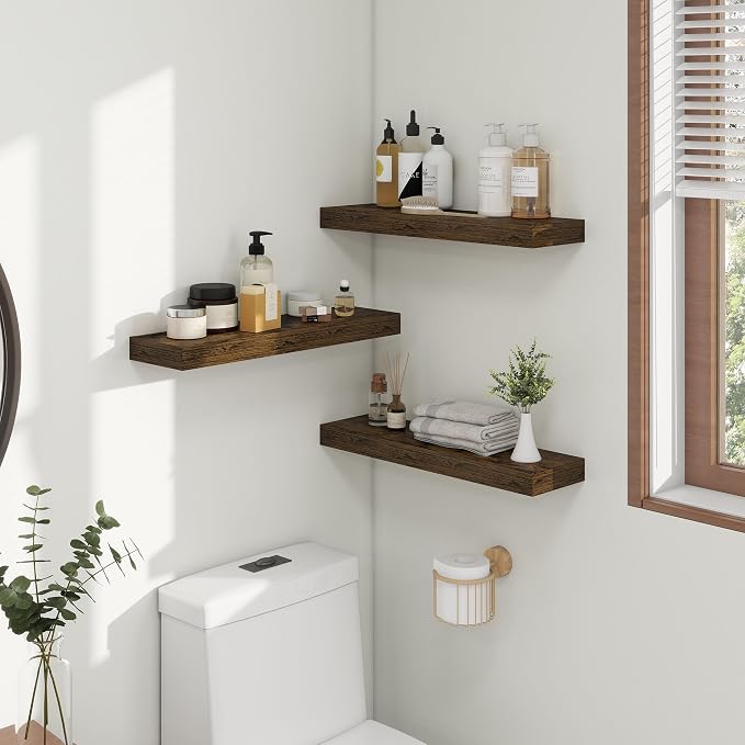 Heimlove 16 inch Brown Floating Shelves for Wall,6.7 inch Deep Small Bathroom Over Toilet Shelf,Wall Mounted Wood Shelves for Bedroom,Living Room,Kitchen,Office,Set of 2
