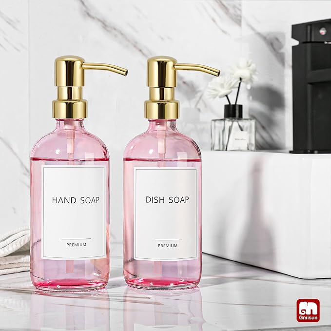 GMISUN Pink Soap Dispenser Bathroom, 2 Pack Kitchen Hand and Dish Soap Dispensers Set, 17 Fl Oz Pink Glass Soap Dispenser with Gold Pump, Refillable Modern Farmhouse Liquid Soap Pump Bottles