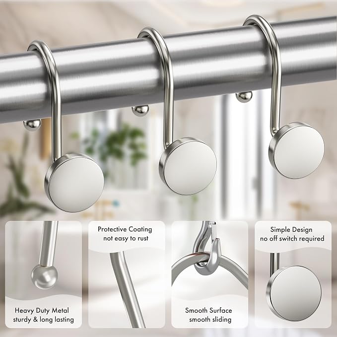 AmazerBath Shower Curtain Hooks Brushed Nickel Shower Curtain Rings, Heavy Duty Modern Decorative Shower Curtain Hooks Rust Proof Smooth Glide Shower Hooks for Shower Curtain Shower Rod Hook, 12Pcs