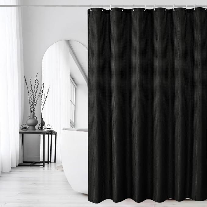 Long 230GSM Black Shower Curtain, 72 x 78 | 230GSM Tall Fabric Shower Curtain for Bathroom, Water Repellent, Machine Washable
