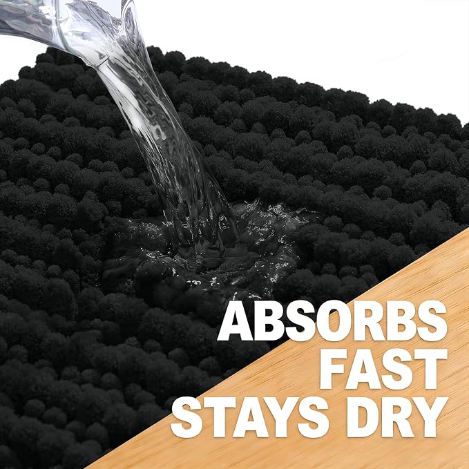 OLANLY Large Bathroom Rugs 44x32, Thick Soft Absorbent Chenille Bath Rugs | Black, Quick-Drying Rubber Backing, Shaggy Bath Mat, Machine Washable for Floor, Tub and Shower, Home Decor Accessories