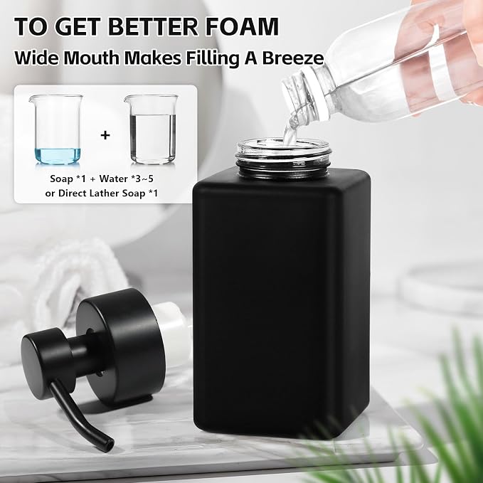 Black Foaming Hand Soap Dispenser, 12oz/350ml Glass Square Foam Soap Dispenser Set, 2Pcs Foaming Soap Dispenser with Foaming Pump, Refillable Soap Foam Dispenser for Bathroom, Kitchen