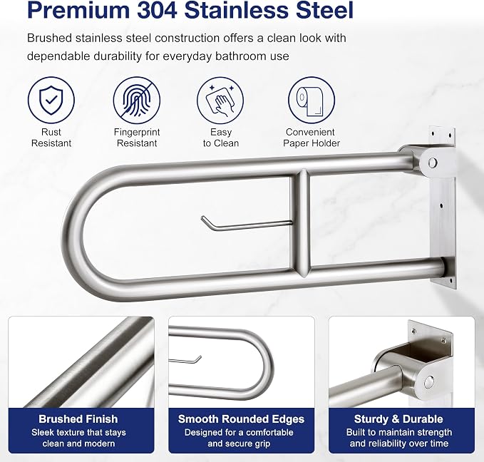 24 Inch Toilet Grab Bar with Paper Holder, Flip Up Handrail | Brushed 304 Stainless Steel | Wall mount | 1.25 inch grip | Space saving fold up design | Template & hardware included