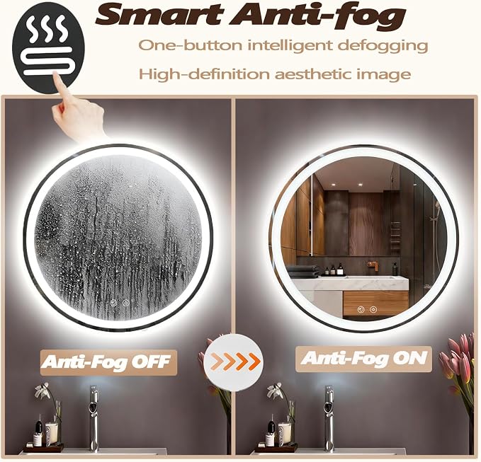 LTFUUAI 20" Round LED Bathroom Mirror with Lights, Front & Back Light | Lighted Bathroom Mirror, Touch 3-Color Stepless Dimming, Wall Mounted, Anti-Fog Shatterproof, UL Listed