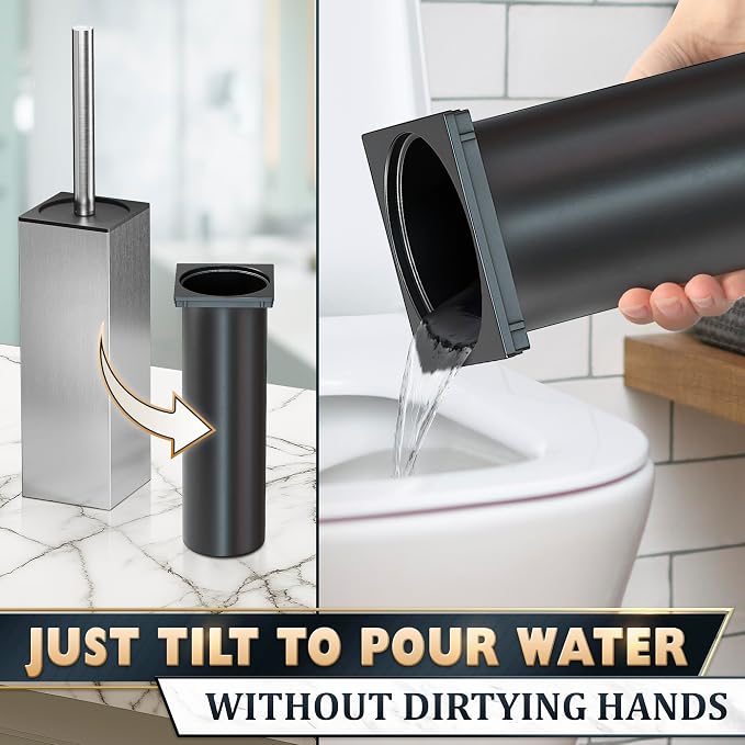 Stainless Steel Toilet Brush and Holder Set, Square Shape (Silver) | Toilet Bowl Brush and Holder, Removable Inner Bowl, Dense Bristles, Long Handle, Scratch Resistant, for Modern Bathrooms