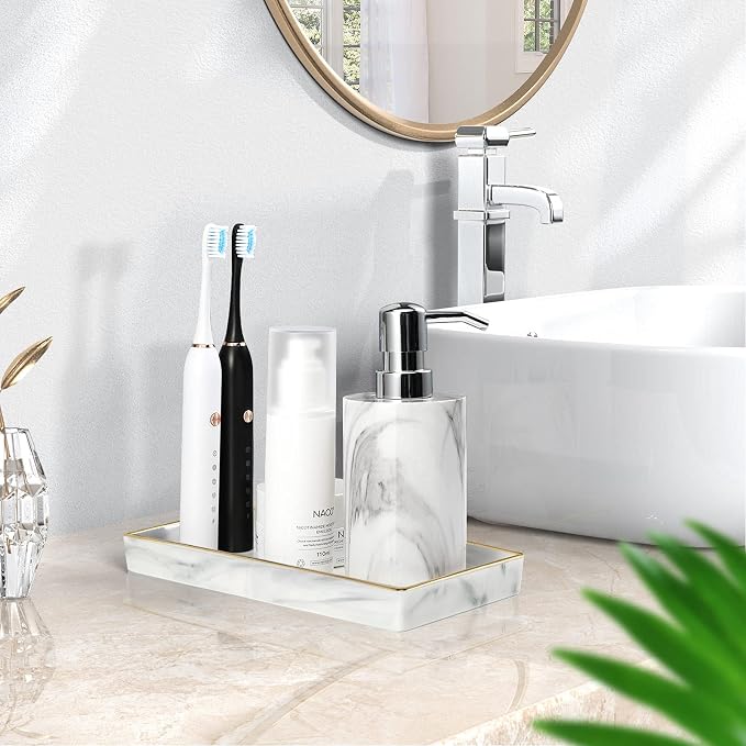 Luxspire Bathroom Vanity Tray Ceramic Jewelry Dish, S, Marble White | 8.7 x 4.7 inch Smooth matte ceramic, easy clean, anti-slip bottom, organize soap dispenser jewelry candles