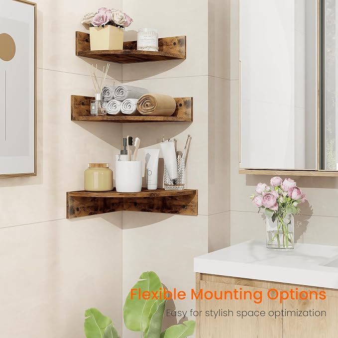 Corner Shelf Wall Mount, Set of 3 Floating Corner Shelves with Cord Hole, 3 Tier Wood Wall Display Shelf, Storage for Bathroom Living Room Kitchen Bedroom, Rustic Brown and Black