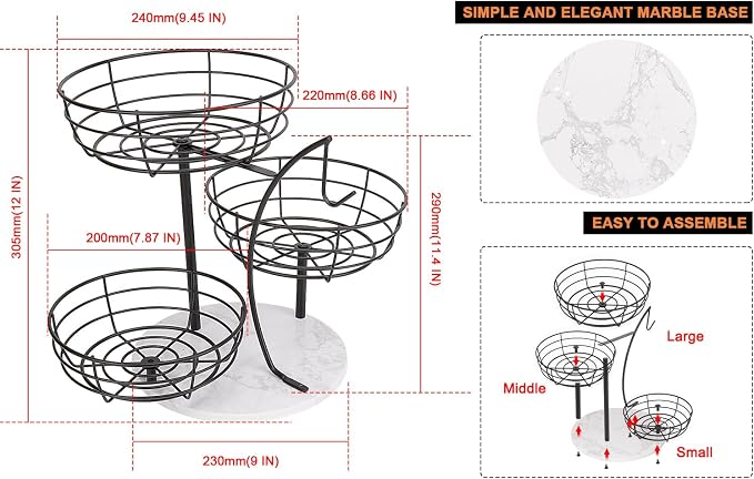Livabber Fruit Basket Bowl with Banana Hanger, Metal Fruit Vegetable Storage Basket with Banana Holder for Kitchen Counter, Detachable Organizer for Bread Snack Produce (Black, 3-Tier Marble Base)