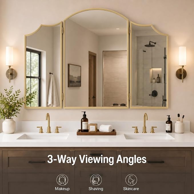 Trifold Vanity Mirrors 3 Way, 30 x 37 in Adjustable Trifold Mirror for Bathroom Bedroom, Decorative Folding 3 Sided Mirror Wall Mounted for Braiding Hair Makeup(Scallop,Gold)