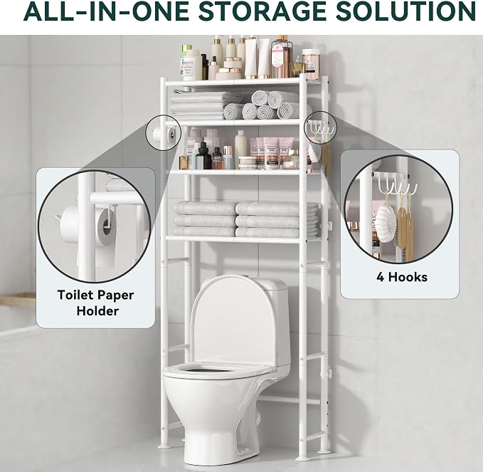 GloTika 4-Tier Over The Toilet Storage Shelves, White | 200lb Total Capacity, Metal Bathroom Organizer with 36" Clearance, Includes Paper Holder & 4 Hooks, Suit for Small Space