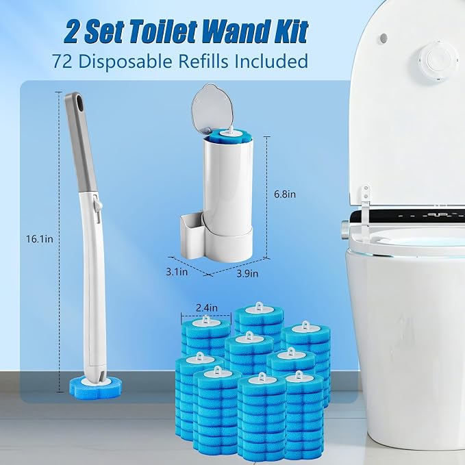 Disposable Toilet Brush Set, 2 Pack with 72 Refills & Wall Holder | 360° Swivel Head, Deep Scrubbing Toilet Bowl Cleaner, One-Touch Disposal, Toilet Wand for Sinks, Tubs & Floor Drains