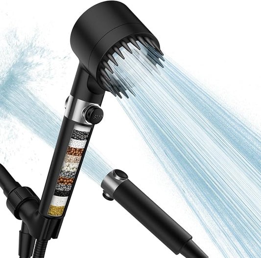 Filtered Shower Head with Handheld,High Pressure Shower Heads with Filters | ON/OFF Switch,4 Spray,Built-in Power Wash,Detachable Showerhead,Silicone Massage Brush,Balck,Water Softener