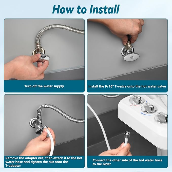 Hibbent 117 Inch Hot Water Bidet Hose Replacement with Metal 9/16''-9/16''-1/4'' or 3/8''-3/8''-1/4'' Bidet T-Adapter, 3-Way Tee Connector for Toilet Bidet Attachment