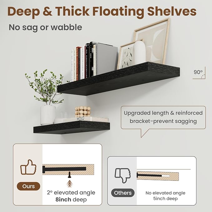 72 Inch Floating Shelves for Wall, 8 Inch Deep, Invisible Brackets, Black | Rustic Wall Mounted Shelf, Storage & Display, Wooden Shelves for Living Room, Kitchen, Bathroom and Home Decor, Set of 2