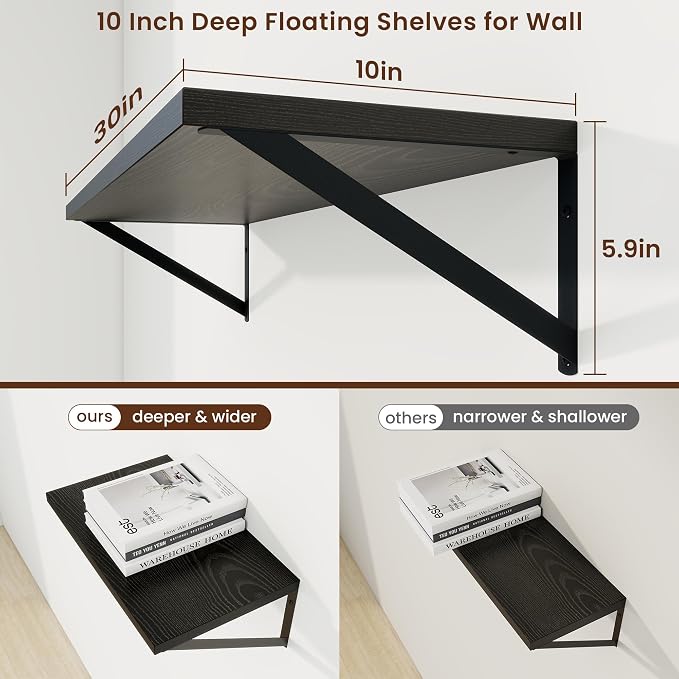 30 Inch Floating Shelves, 10 Inch Deep Black Wall Shelves Set of 2 | 30'' x 10'' Rustic Wood Shelves with Heavy Duty Brackets, Deep Shelves for Bathroom, Living Room, Engineered Wood, 40LBS