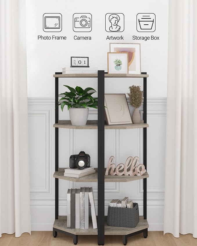 Hzuaneri Corner Shelf Stand 4-Tier Corner Bookshelf Storage Standing Shelf | Bookcase Plant Stand with Metal Frame for Living Room, Home Office, Bedroom, Greige CS05805B