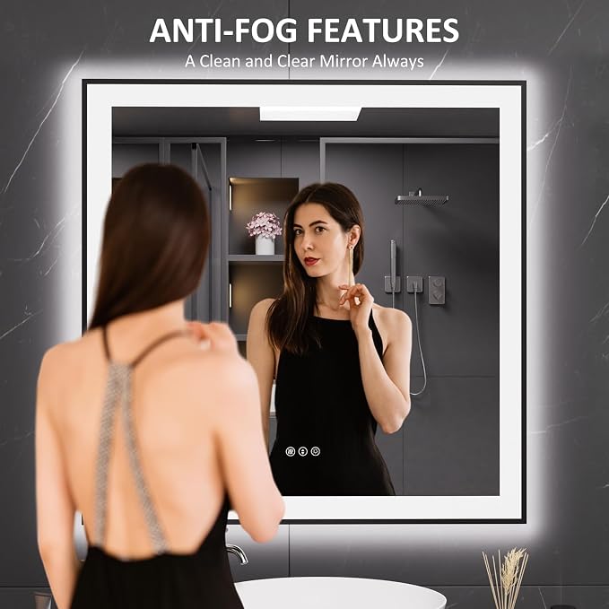 LOAAO 36"X36" LED Bathroom Mirror Black Framed | Anti-Fog, Dimmable, Memory Function, Tempered Glass, Lighted Vanity Mirror for Wall