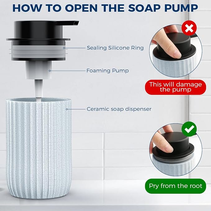 Ceramic Foaming Hand Soap Dispenser, 12 oz Bathroom Soap Dispensers | Lotion Dispenser for Kitchen, Refillable Matte Streaks Soap Dispenser with Large Pump (Blue)