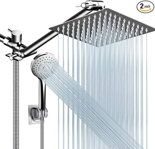 Shower Head Combo,8 Inch High Pressure Rain Shower Head with 11 Inch Adjustable Extension Arm and 5 Settings Handheld Shower Head Combo,Powerful Shower Spray Against Low Pressure Water with Long Hose