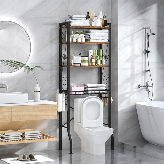 Aduanbang 4 Tier Over The Toilet Storage Rack, Bathroom Organizer Shelf with Basket, Adjustable Shelves, Freestanding Space Saver for Small Bathrooms