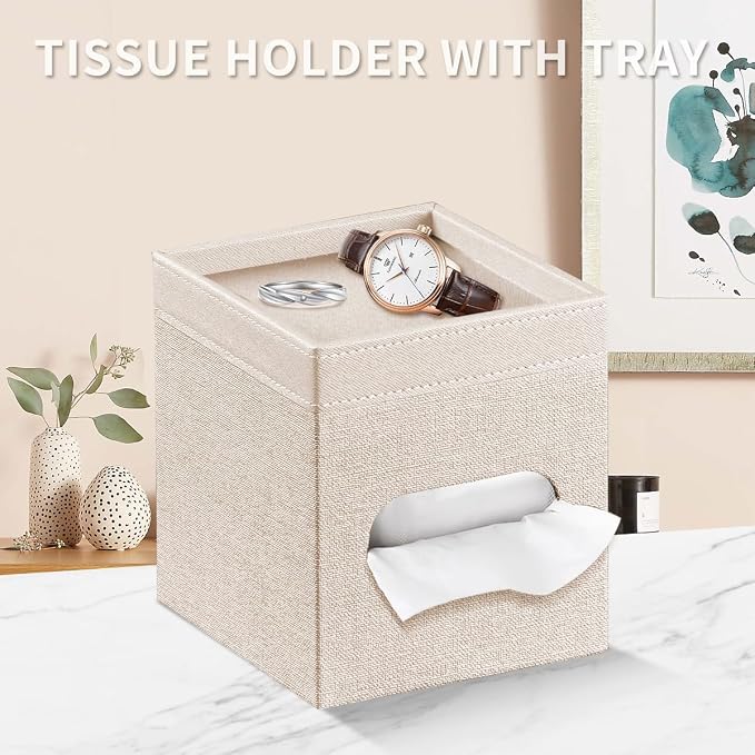 PU Leather Square Tissue Box Cover with Storage Tray,Modern Decorative Tissue Holder for Bathroom Vanity Night Stands, Office Desk,Stylish Tissue Holder for Home & Office Décor | PU Leather Side Open Napkin Caddy,Facial Paper Dispenser for Bathroom Van...