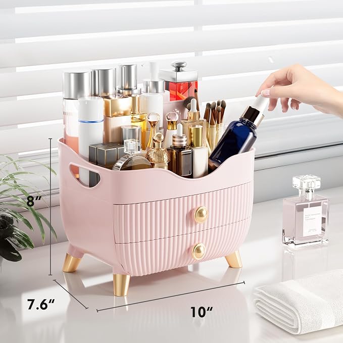 Makeup Organizer Countertop, Large Capacity Skincare Organizer for Vanity | Cosmetics Organizer with Drawes & Handle, Cosmetic Display Cases Storage Box for Dresser, Bathroom, Gifts for Women(Pink)