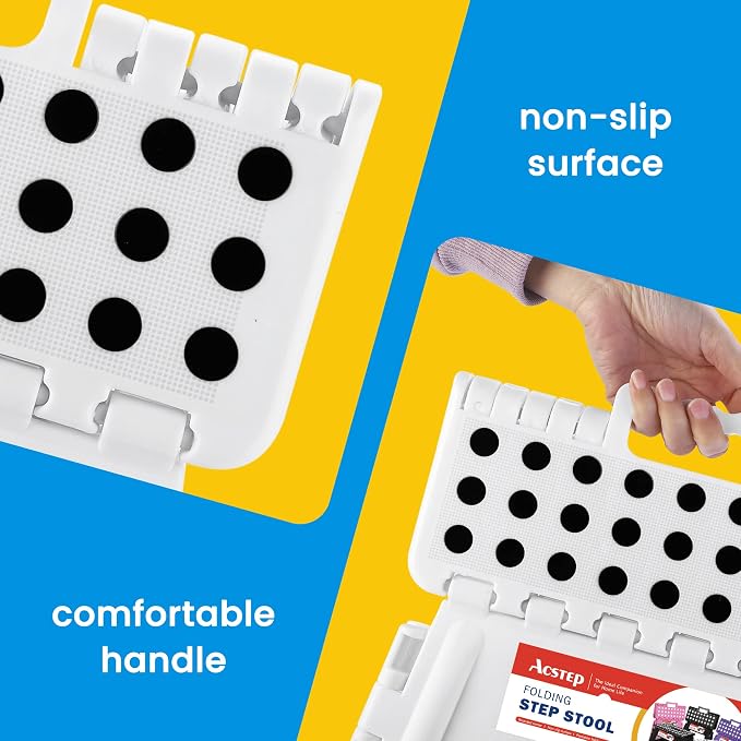 13 Inch Folding Step Stool, Holds 300 lb, for Adults and Kids, White | Heavy Duty Portable Collapsible Foot Stool, Non-Slip Surface for Kitchen Bathroom Bedroom Outdoor, Lightweight with Handle