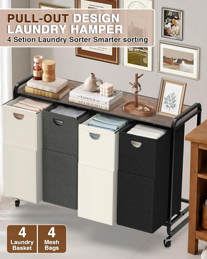 Laundry Sorter 4 Section,Laundry Basket with Wheels,4×15.8 Gal (60L) Laundry Hamper Organizer with Large Wooden Desktop Sorter,Pull-Out and Removable 900D Oxford Fabric Laundry Bags for Laundry Room