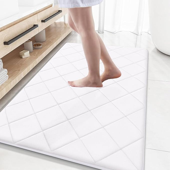 OLANLY Memory Foam Bath Mat 59x34, Ultra Soft and Absorbent Bathroom Rugs | White, Quick Dry, Machine Washable Shower Bath Rugs, Comfortable Bath Carpet for Bathroom Floor, Tub and Shower