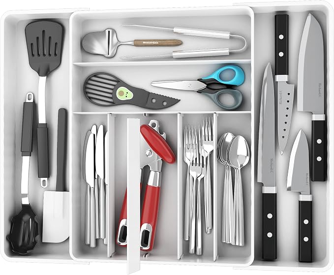 Simple Houseware Expandable Kitchen Drawer Flatware Organizer, White | Expandable & Adjustable Cutlery Drawer Organizer - Large Utensil and Flatware Tray for Kitchen Drawers