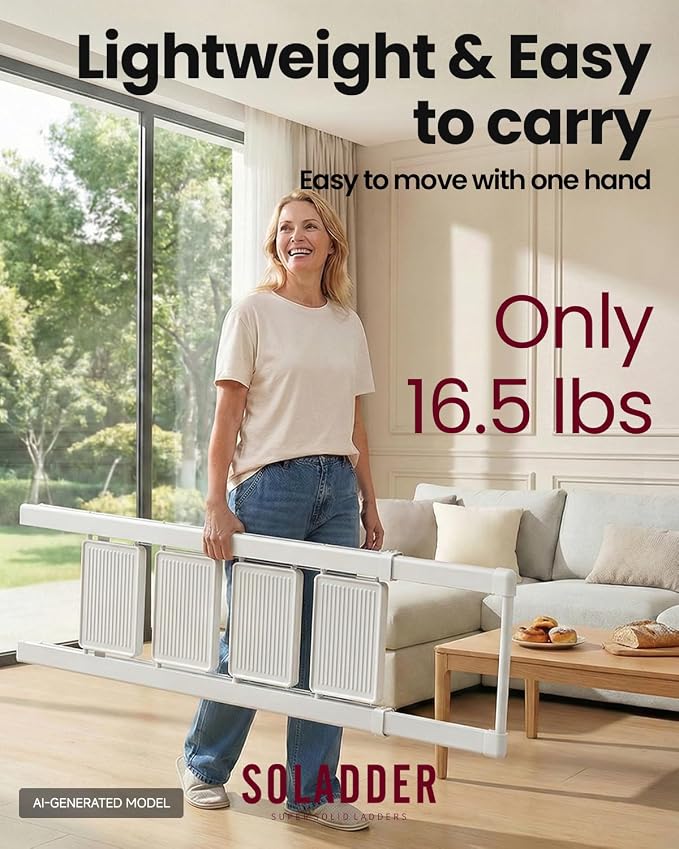 4 Step Ladder, Lightweight Folding Step Stool, Pure White | Reach 8ft;Anti-Slip Wide Pedal;Portable Handrail;Space-Saving;For Kitchen, Home, Library, Office Use;300lbs Capacity