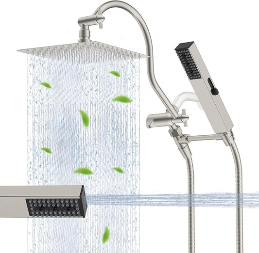 Hibbent All Metal cUPC Certified Shower Head, 10'' High Pressure Rainfall Showerhead Combo, Handheld Shower Wand, 12'' Adjustable Extension Arm, 4-Spray, 71'' Hose, Shower Holder, Brushed Nickel