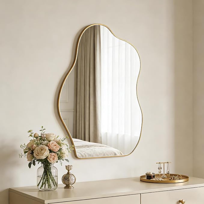 Ruomeng Irregular Wall Mirror Asymmetrical Mirror, Gold Mirror Tempered Glass for Bathroom Living Room Bedroom Entryway, Modern Decorative Wall Decor, Shatterproof, 28" x 20"