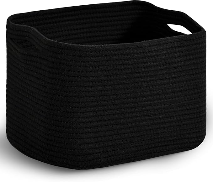 ICERZCZ Woven Cotton Rope Storage Basket for Organizing, Cute Decorative Baskets for Gifts Empty, Organizer Bins for Dog Toy, Baby Laundry, 15“×11”×9.5“, Black