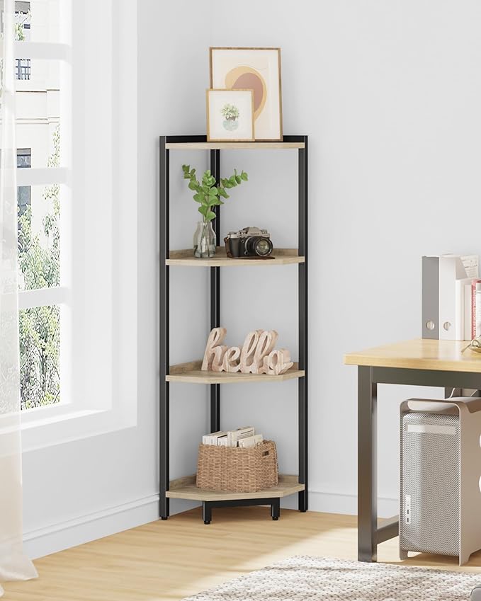 Hzuaneri Corner Shelf Stand 4-Tier Corner Bookshelf Storage Standing Shelf | Bookcase Plant Stand with Metal Frame for Living Room, Home Office, Bedroom, Greige CS05805B