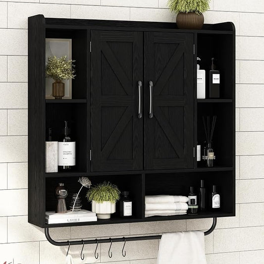 RUSTOWN Rustic Bathroom Wall Storage Cabinet with 2 Barn Doors, Black | Farmhouse Medicine Cabinet, Wall Mounted, Space Saving, 3-Tier Adjustable Shelves, Towel Bar, 5 Hooks