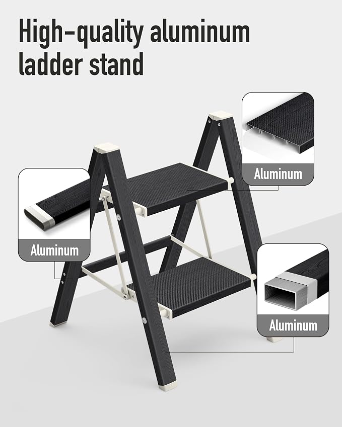 Mayi Plus 2 Step Stool Foldable, Aluminum, Lightweight Step Ladder | Extra-wide anti-slip folding steps with 330 lbs, for home,kitchen,office,outdoor,Ebony woodgrain